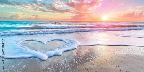 Fototapeta Naklejka Na Ścianę i Meble -  Heart-shaped sea foam on a sandy beach at sunset, symbolizing romance and serenity with waves and a colorful sky.