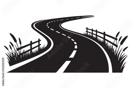 Winding Road Silhouette Illustration with Fence and Grassy Border Design