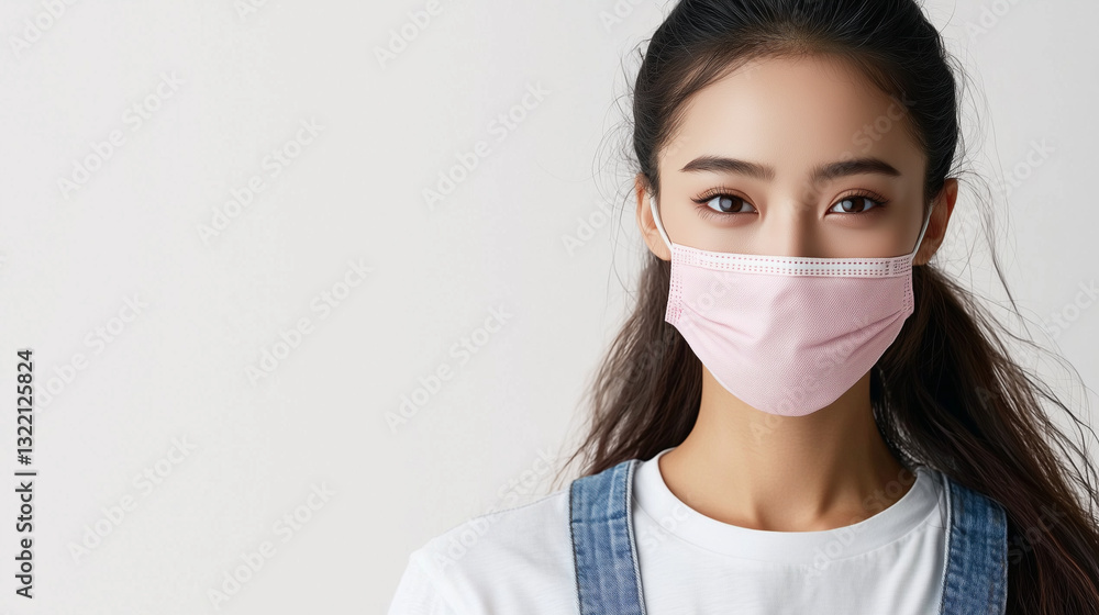 Confident young Asian woman in stylish overalls with mask Confident young Asian woman in stylish overalls with mask