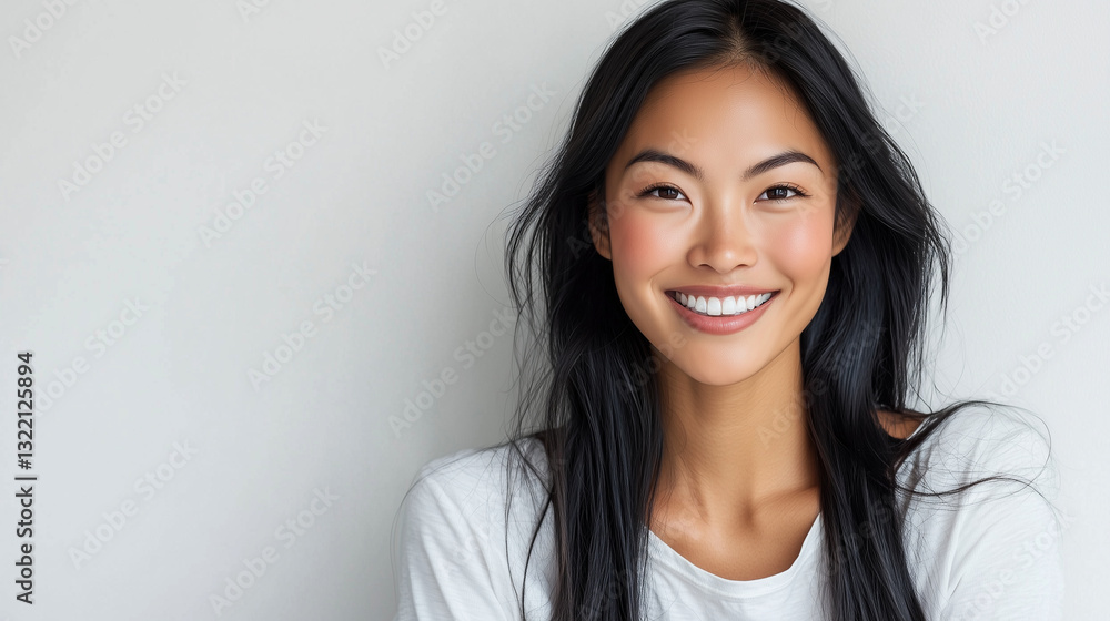 Cheerful young Asian woman with radiant smile and engaging style