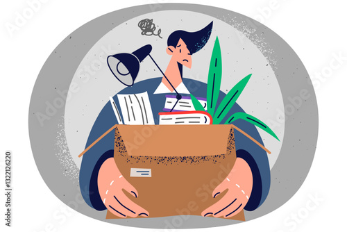 Unhappy male with box fired from office