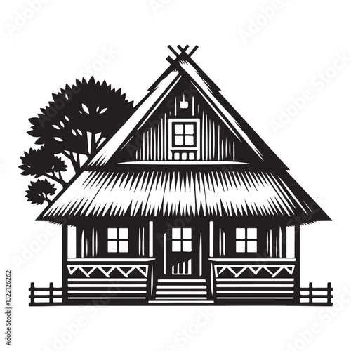 Charming Thatched Roof Cottage Black and White Vector Illustration