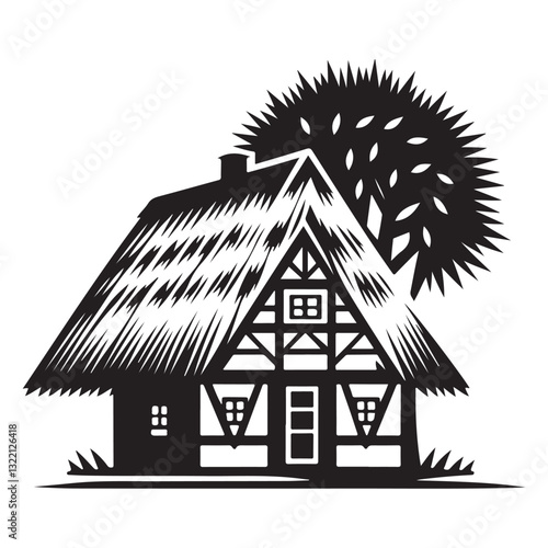 Quaint Cottage with Thatched Roof Black Vector Illustration Isolated