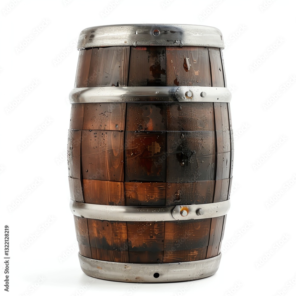Fototapeta premium Wet Brown Wooden Barrel with Metal Hoops Isolated on White Background