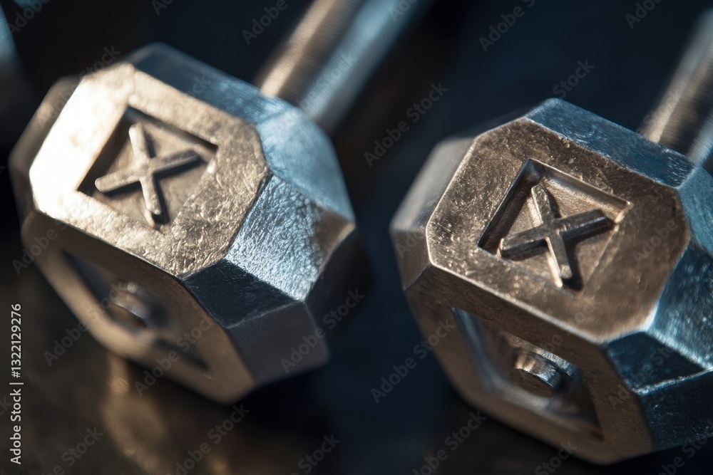 This closeup photo showcases a pair of dumbbells emphasizing their design and texture Closeup of silver dreidels with Hebrew letters . This closeup photo showcases a pair of dumbbells emphasizing their design and texture Closeup of silver dreidels with Hebrew letters .