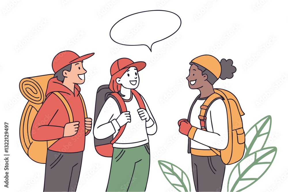 Vector Art of Backpackers Engaged in Conversation on Journey Vector Art of Backpackers Engaged in Conversation on Journey