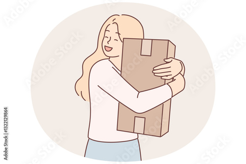Overjoyed woman hugs cardboard box delivered by courier from online store or postal service
