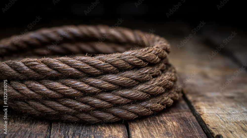 Obraz premium Coiled rope on rustic wood