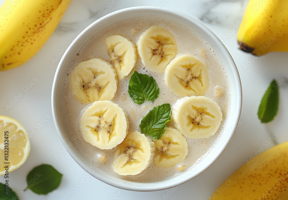 Healthy Banana Smoothie Recipe with Fresh Banana Slices and Mint Leaves on a Marble Background for a Refreshing Start to Your Day Healthy Banana Smoothie Recipe with Fresh Banana Slices and Mint Leaves on a Marble Background for a Refreshing Start to Your Day