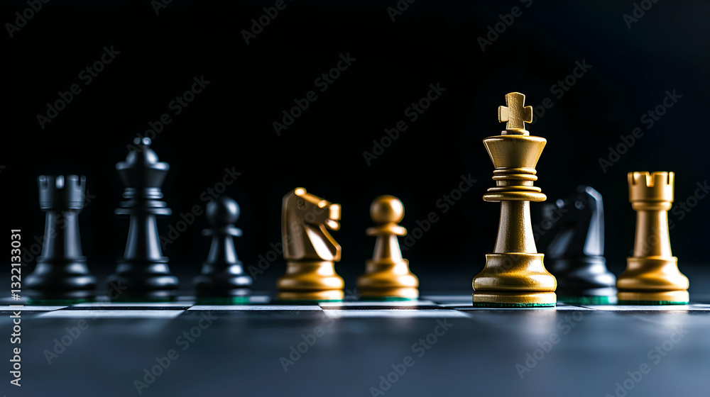 Gold And Black Chess Pieces On A Dark Green And Black Checkerboard With A Gold King In The Foreground Gold And Black Chess Pieces On A Dark Green And Black Checkerboard With A Gold King In The Foreground