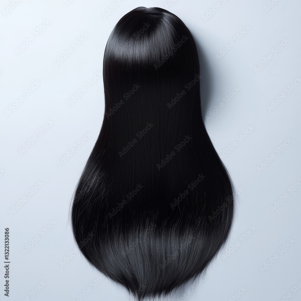 A high-quality straight black lace wig. Black wig from a minimalist showcase on a neutral-toned background. A high-quality straight black lace wig. Black wig from a minimalist showcase on a neutral-toned background.