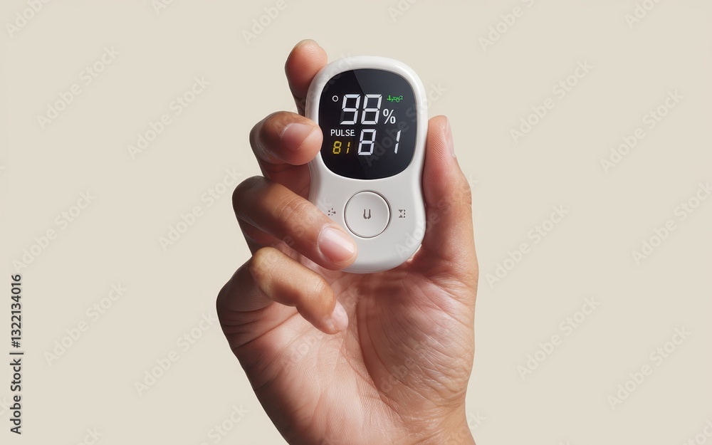 Hand Holding a Digital Health Monitor: SpO2, Pulse Rate, and Temperature Hand Holding a Digital Health Monitor: SpO2, Pulse Rate, and Temperature