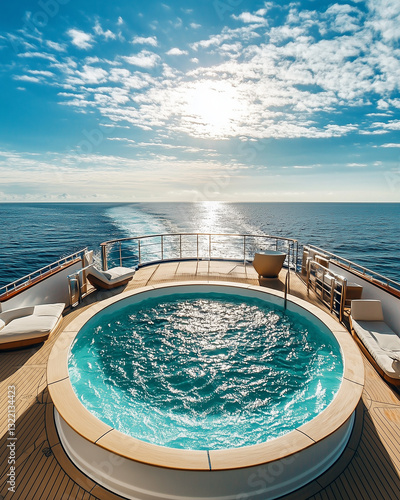 A luxury cruise ship deck featuring a pool with a breathtaking ocean view. Lounge chairs and warm sunlight create a tranquil atmosphere