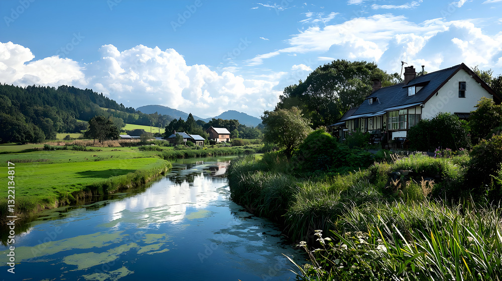 Fototapeta premium Picturesque Riverside Village With Lush Greenery Under A Bright Blue Sky With Fluffy White Clouds On A Sunny Summer Day Reflecting In The Calm Water