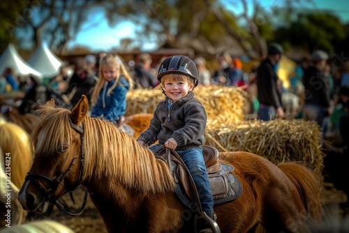 Happy Child Riding a Pony at a Farmyard Festival Attraction