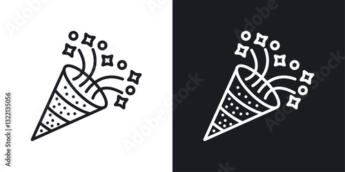 Confetti popper icons set in black and white stroke lines