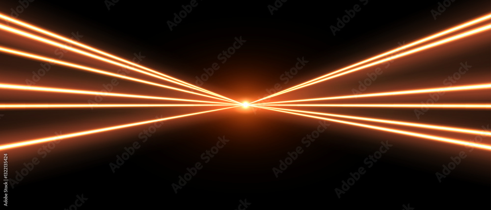 Laser rays or beams, glowing neon lines, bright futuristic background. Motion or speed light effect. Concert or nightclub spotlights. Vector illustration.