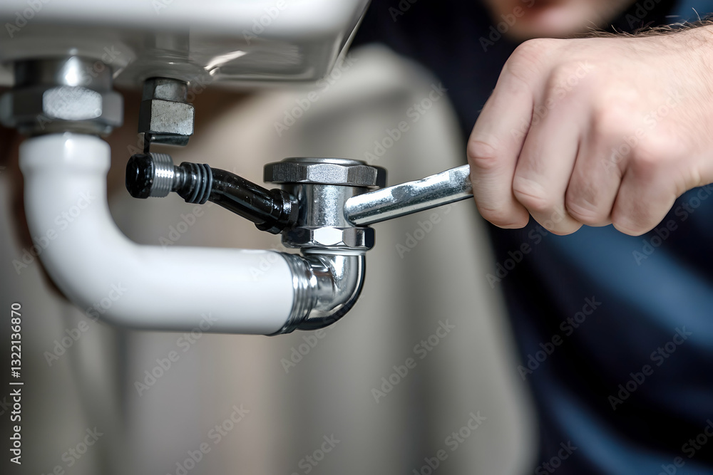 Plumber repairing a white sink pipe with an adjustable wrench for home maintenance Plumber repairing a white sink pipe with an adjustable wrench for home maintenance