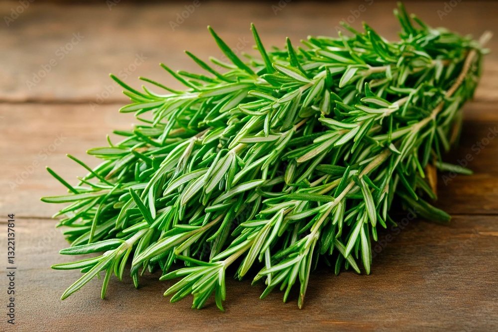 A bundle of vibrant green rosemary sprigs lies on a dark wooden surface, highlighting their fresh appearance and inviting aroma, perfect for enhancing dishes and recipes A bundle of vibrant green rosemary sprigs lies on a dark wooden surface, highlighting their fresh appearance and inviting aroma, perfect for enhancing dishes and recipes