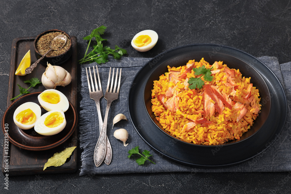 Εκτύπωση καμβά hot smoked salmon kedgeree in a black bowl