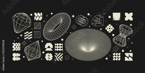 Vector graphic assets kit acid style, Postmodern abstract geometric shapes with wireframe elements of different forms, Y2K trendy design in brutalism aesthetic, template symbols set 6