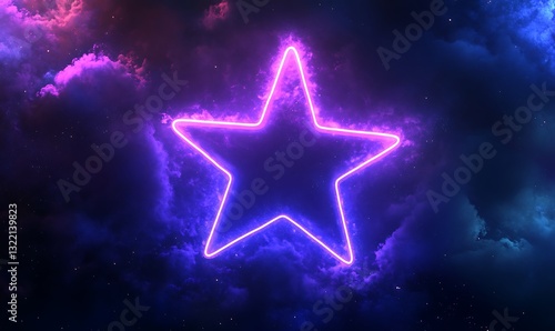 An illuminated neon star floating amidst a cosmic night sky scene