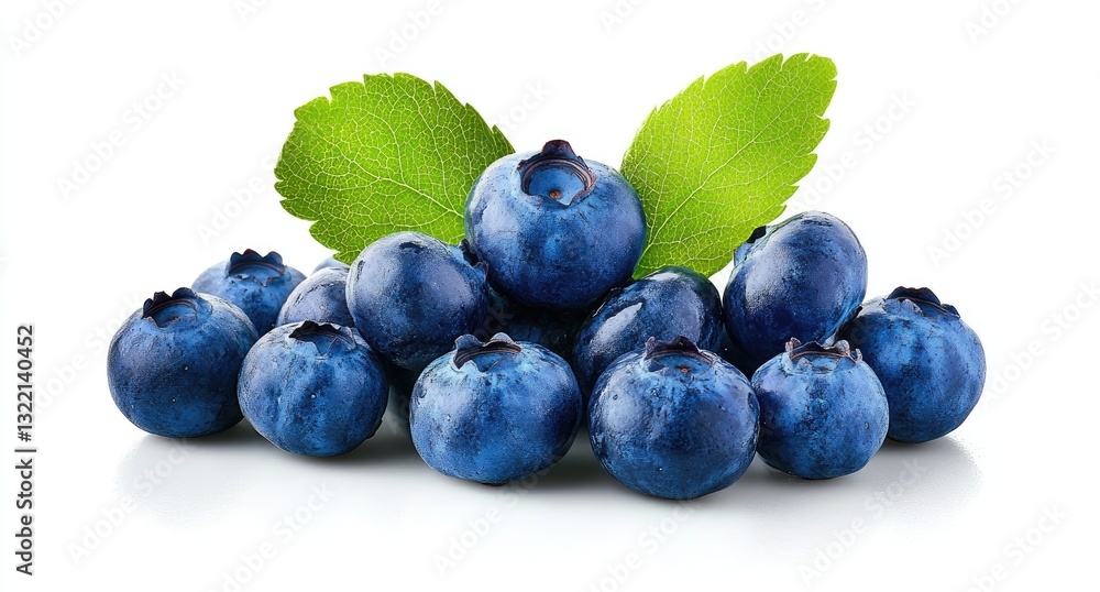 Fototapeta premium Fresh blueberries with leaves. A cluster of plump, juicy blueberries, vibrant dark blue color, resting on a white background. Two fresh green leaves are atop