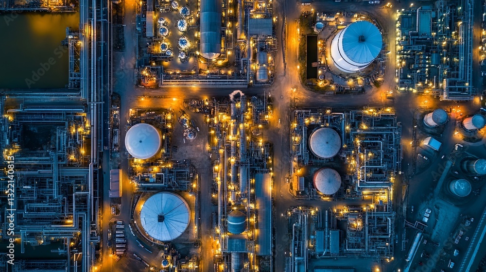 Fototapeta premium A business and industrial area with a production plant for the transportation and export of crude oil and gas, filmed at night by a drone