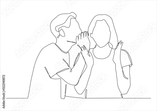 Continuous one line art of Woman and man are whispering.  A man whispers to a woman's ear, she opened her mouth in surprise.