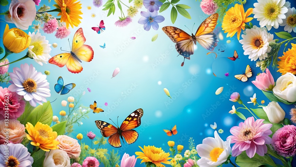 A frame of fresh spring flowers and butterflies on a bright blue background, with petals gently drifting in the air.
A frame of fresh spring flowers and butterflies on a bright blue background, with petals gently drifting in the air.