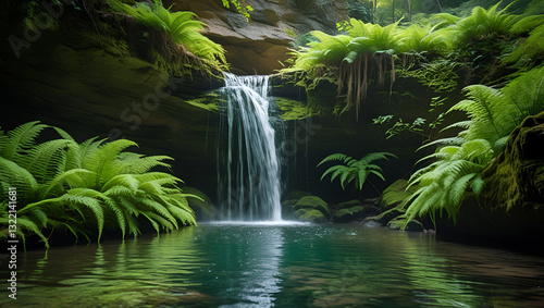 Hidden Forest Waterfall Flowing into a Serene Rock Pool