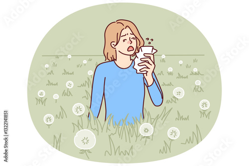 Woman sneezes because of allergy caused by dandelion blossoms and pollen from summer plants. Unhappy girl with handkerchief needs allergy medicine to stop irritation of mucous membranes of nose.