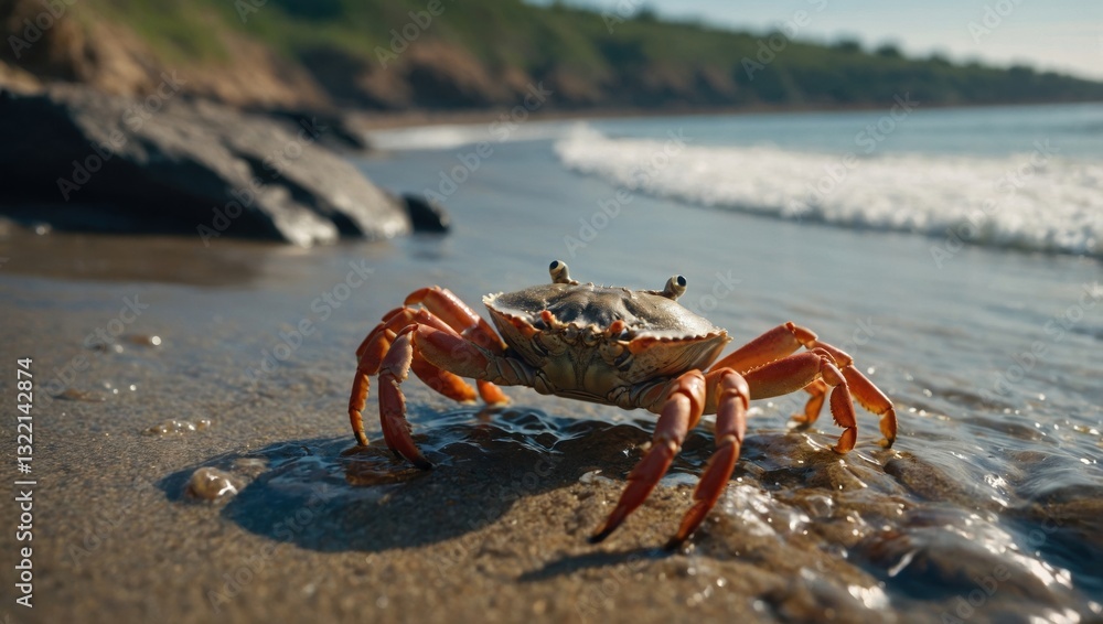 Detailed photo of a crab exploring a bed of seaweed, with small fish and marine creatures swimming nearby Detailed photo of a crab exploring a bed of seaweed, with small fish and marine creatures swimming nearby