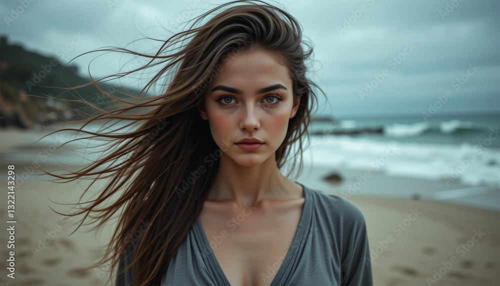 A Young Woman With Windswept Brown Hair Gazes Serenely At The Ocean, Her Pensive Beauty Captured In Soft Natural Light Against A Blurred Beach Backdrop A Young Woman With Windswept Brown Hair Gazes Serenely At The Ocean, Her Pensive Beauty Captured In Soft Natural Light Against A Blurred Beach Backdrop