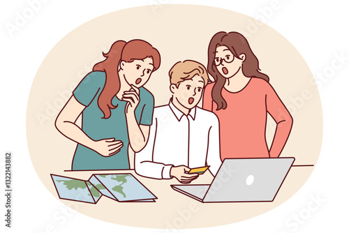 Amazed friends with credit card shopping online choosing travel package or hotel for shared vacation. Travelers who book hotel or apartment online benefit from low prices or big discounts