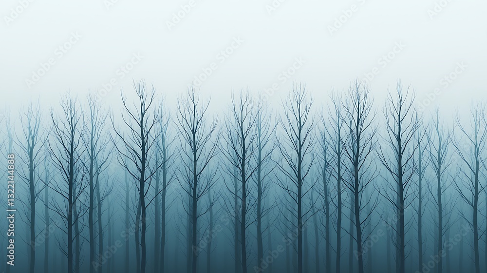 Misty Forest Landscape: Serene Blue Hues and Bare Trees in a Foggy Dreamscape Art Print, Home Decor. Misty Forest Landscape: Serene Blue Hues and Bare Trees in a Foggy Dreamscape Art Print, Home Decor.