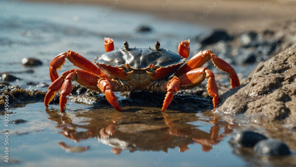 Detailed photo of a crab foraging in seaweed with small marine creatures and vibrant colors Detailed photo of a crab foraging in seaweed with small marine creatures and vibrant colors