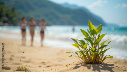 A Resilient Little Plant Thrives On A Sun-drenched Beach, Its Vibrant Green Leaves A Stark Contrast To The Blurred Figures Of Women Strolling Nearby Under A Brilliant Blue Sky