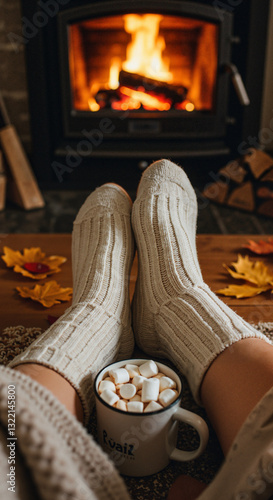 Cozy autumn scene with warm socks, hot cocoa, and fireplace