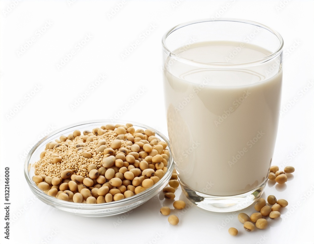 Homemade soy milk served with whole grains on a white background, healthy and nutritious breakfast concept Homemade soy milk served with whole grains on a white background, healthy and nutritious breakfast concept