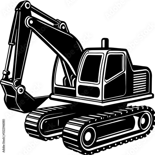 Black excavator picking something up against the white background