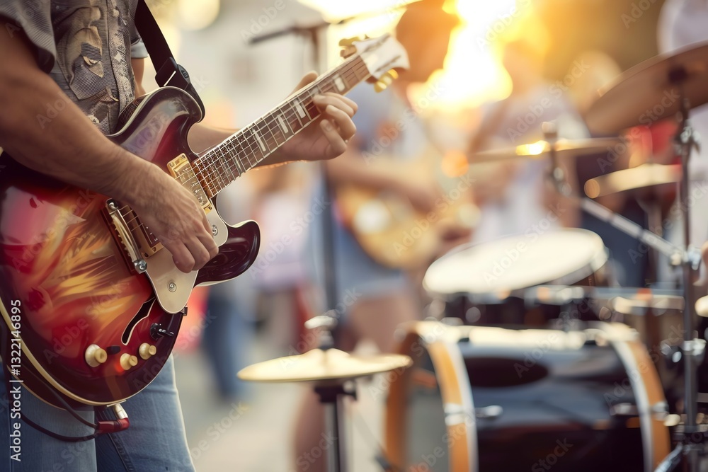 Fototapeta premium Playing Electric Guitar at Outdoor Concert During Golden Hour with Band