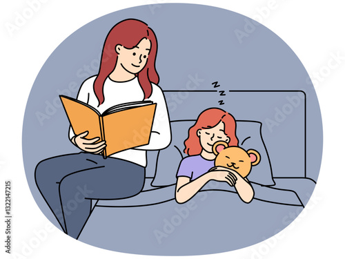 Loving mother read book to daughter in bed