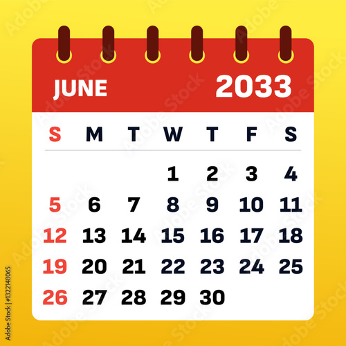 Calendar june 2033. June vector illustration. Summer arrives with warm days, vacations, and relaxation. Enjoy travel, beach adventures, and a refreshing break under the golden sun!