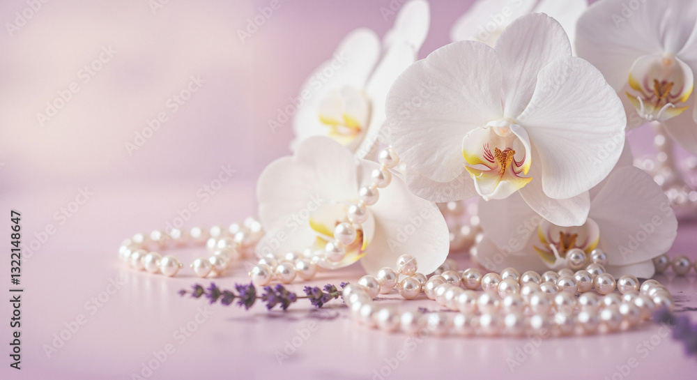 White orchids and pearls on soft purple background White orchids and pearls on soft purple background