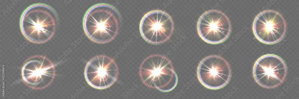 Versatile collection of glowing light effects, including lens flares, sparkles, and starbursts. A high-quality vector illustration featuring dynamic highlights, radiant glows, and transparent sunlight Versatile collection of glowing light effects, including lens flares, sparkles, and starbursts. A high-quality vector illustration featuring dynamic highlights, radiant glows, and transparent sunlight