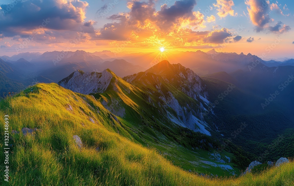 Obraz premium Majestic Mountain Landscape at Sunset with Vibrant Sky and Lush Green Hills in the Foreground, Capturing Nature's Splendor in Dusk Light
