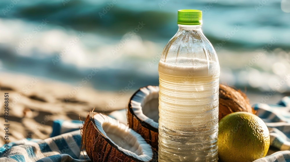 Obraz premium Coconut water bottle on beach towel with coconuts and citrus