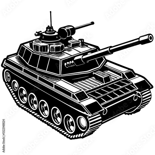 Black and white military tank against the white background