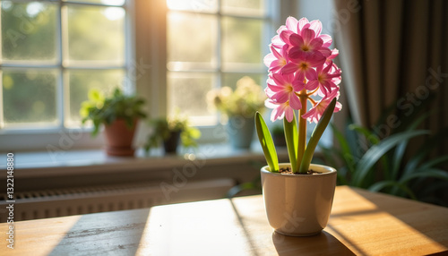 Wallpaper Mural Pink flower in pot on wooden table with sunlight Torontodigital.ca